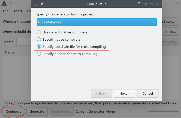 CMakeSetup dialog with Specify toolchain file for cross-compiling option selected.