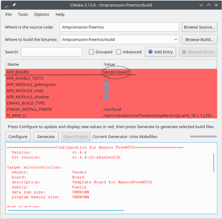 CMake GUI showing configuration for Amazon FreeRTOS with vendor.board selected and build paths set.