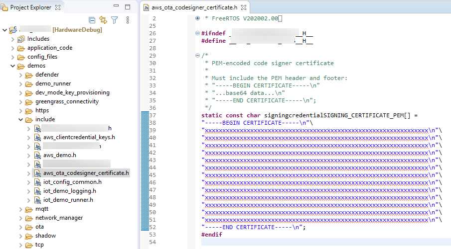 Code editor showing PEM-encoded certificate string in aws_ota_codesigner_certificate.h file.