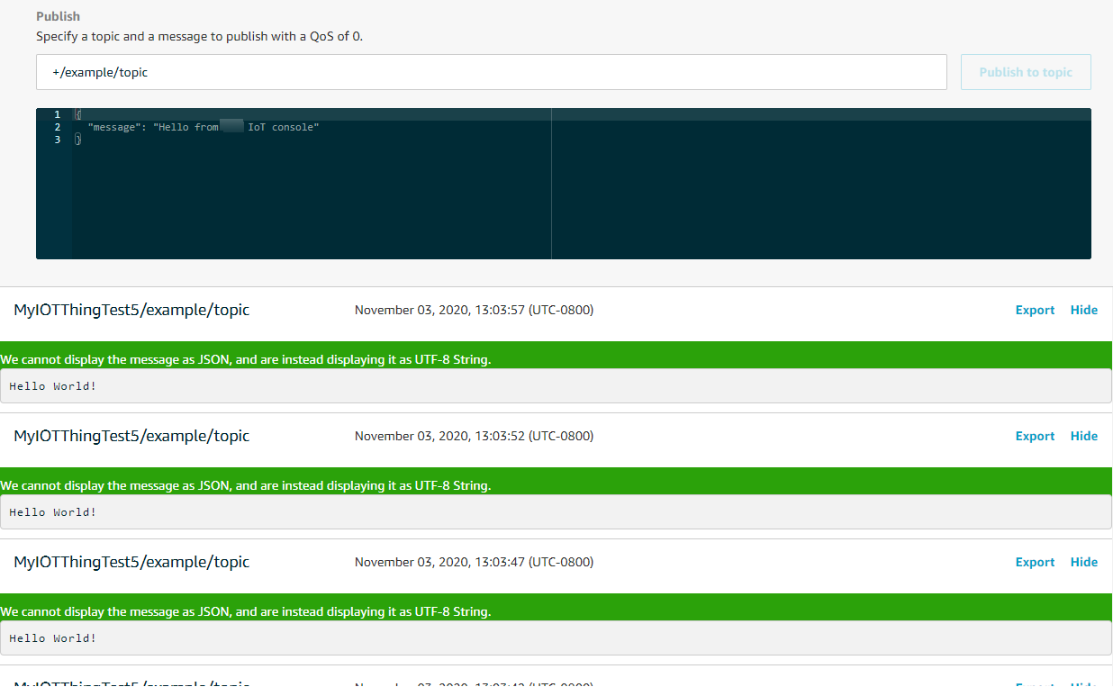 MQTT demo console output on successful completion