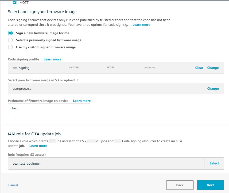 Firmware signing configuration page showing code signing profile, firmware image, and IAM role fields.
