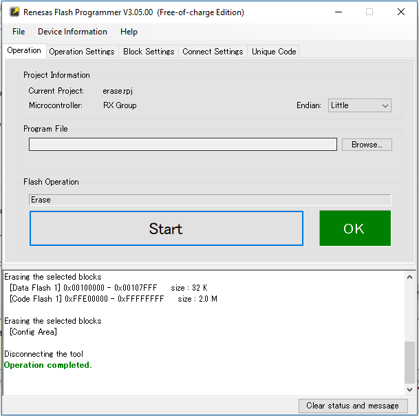 Renesas Flash Programmer showing completed erase operation with status messages.