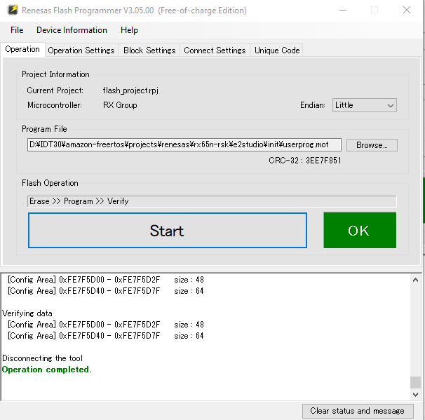 Renesas Flash Programmer showing Operation completed status after flash operation.