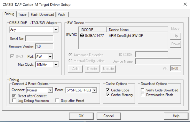 CMSIS-DAP Cortex-M Target Driver Setup dialog box showing Debug tab configuration options.