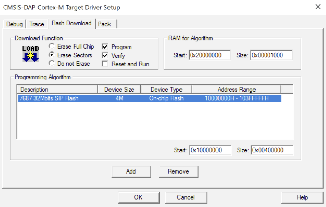 Flash Download tab with Program selected, RAM algorithm settings, and programming algorithm table.