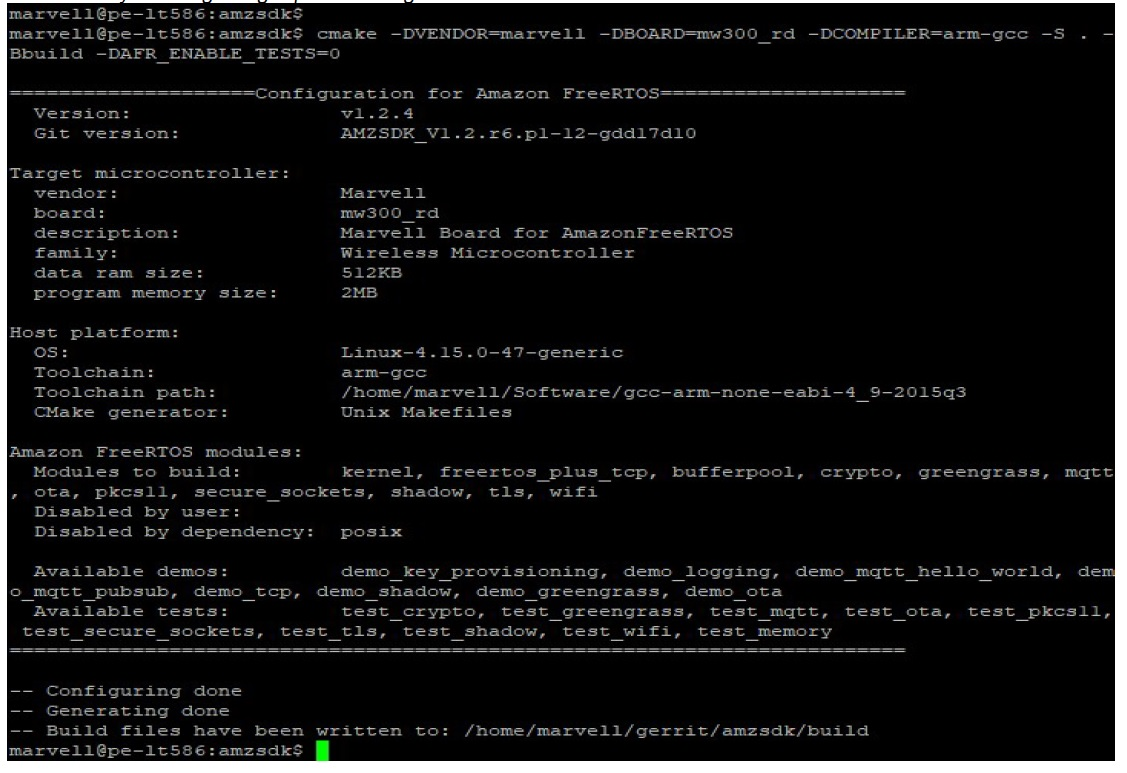 Terminal output showing CMake configuration for Amazon FreeRTOS on Marvell mw300_rd board.