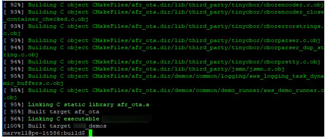 Terminal output showing build progress completing at 100% and building target aws_demos.