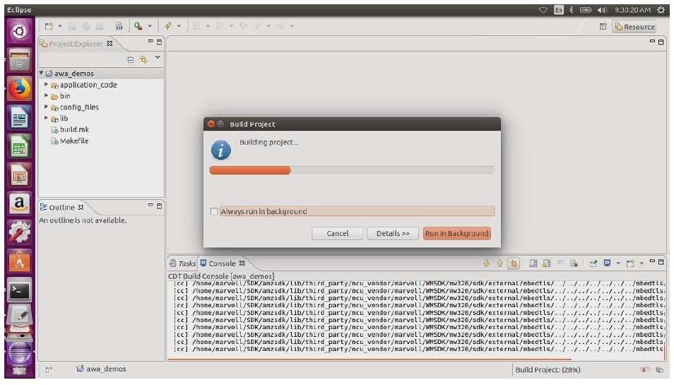 Build Project dialog showing progress bar at 28% with Building project status message.