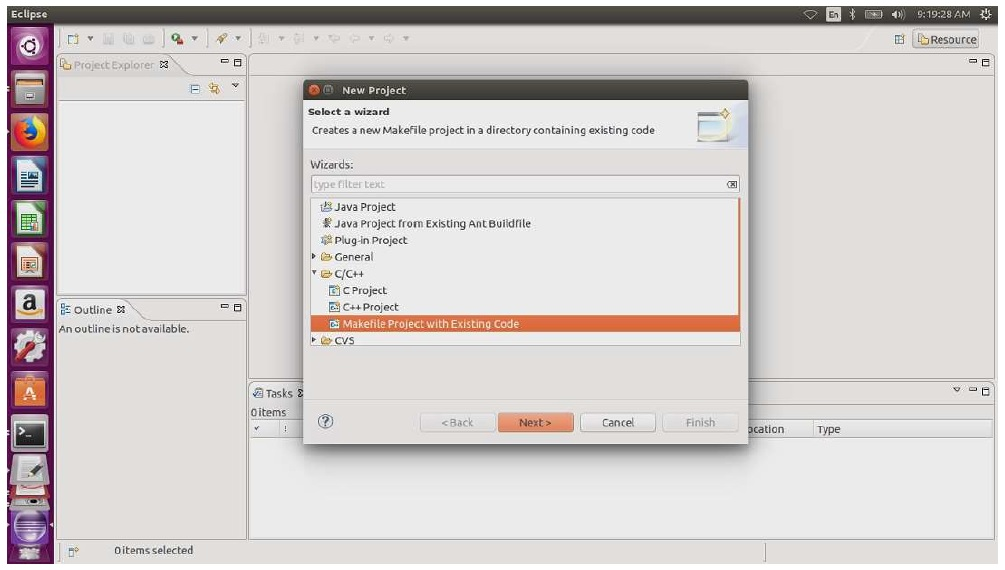 New Project wizard with Makefile Project with Existing Code option highlighted.