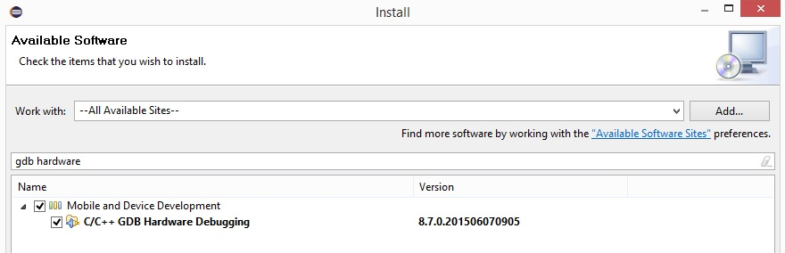Install New Software dialog with GDB Hardware Debugging plugin selected for installation.