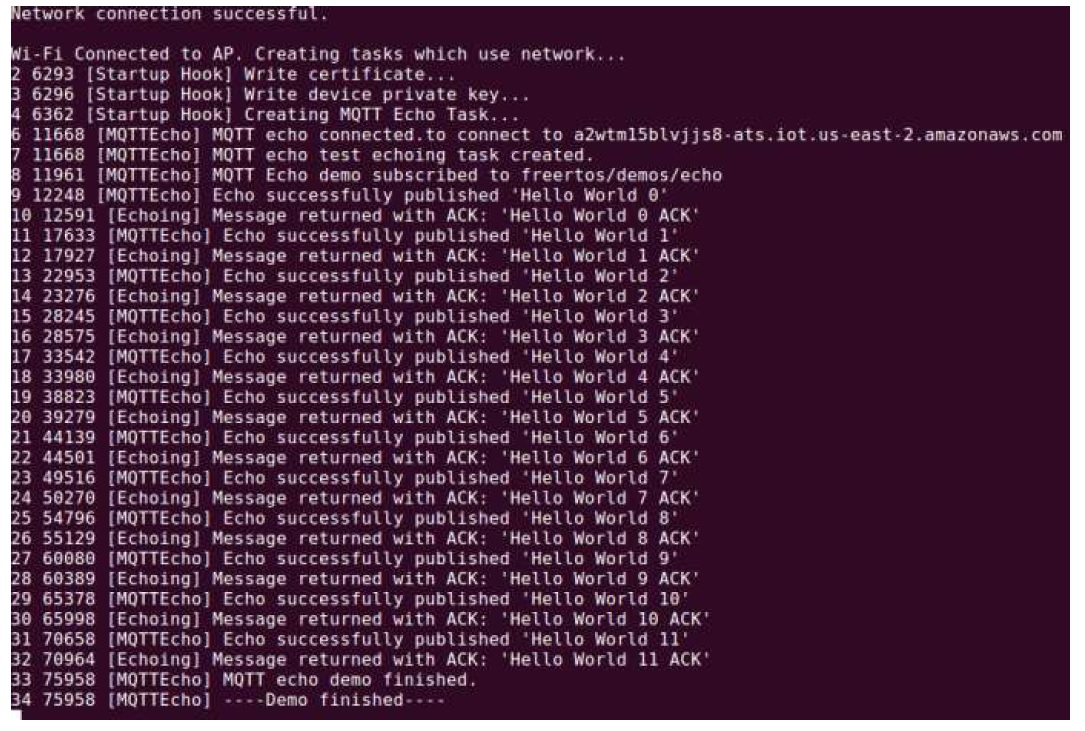 Console output showing MQTT echo demo connecting to Amazon IoT and publishing Hello World messages.
