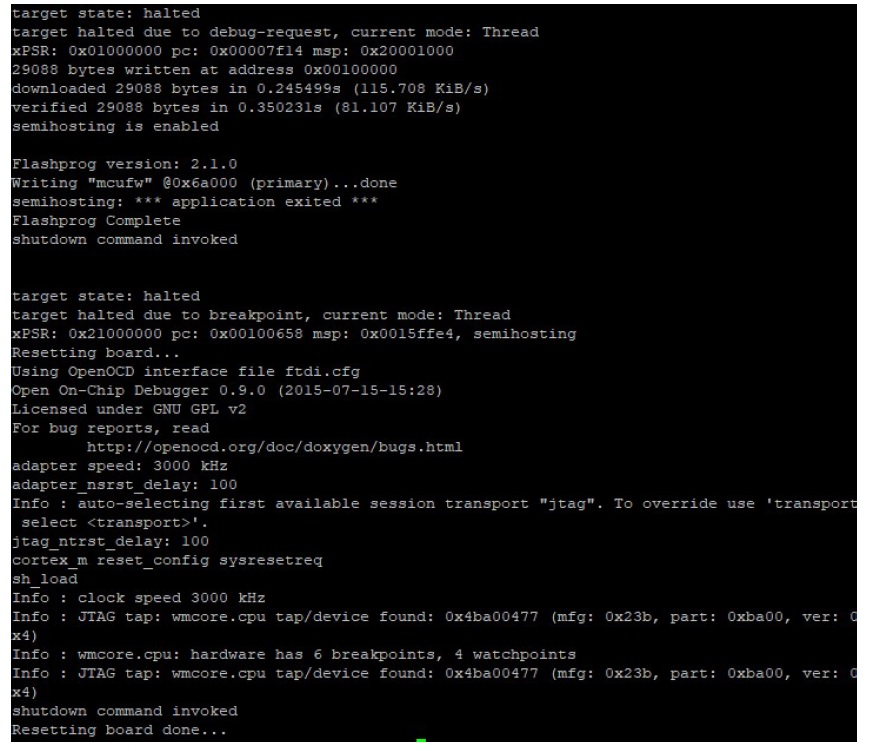 Terminal output showing OpenOCD debugging session with board reset and configuration details.
