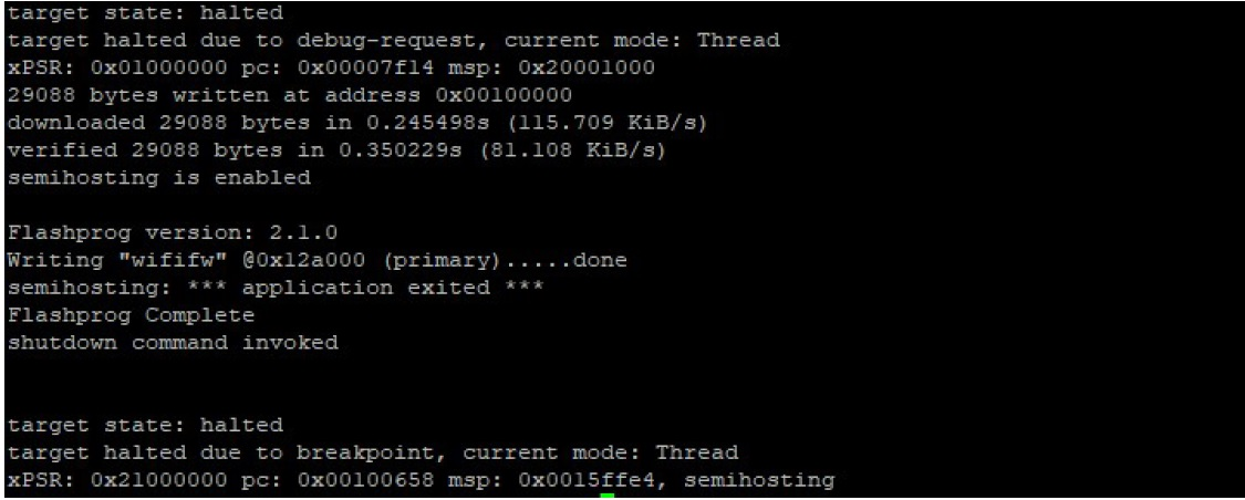 Terminal output showing flashprog writing firmware, completing successfully, and target halted.