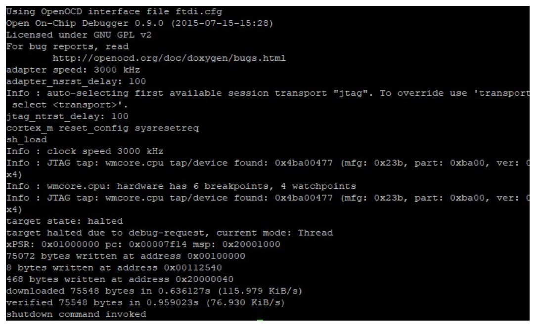 OpenOCD terminal output showing successful connection to Cortex-M processor and firmware download.