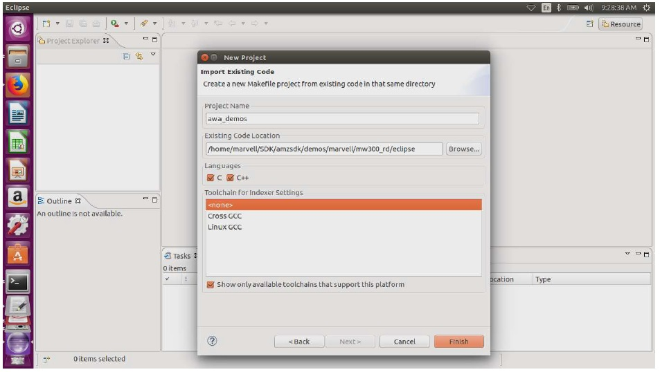 New Project dialog with Import Existing Code option, showing project name and toolchain settings.