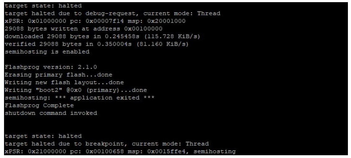 Terminal output showing firmware flashing process and debug information with target halted states.