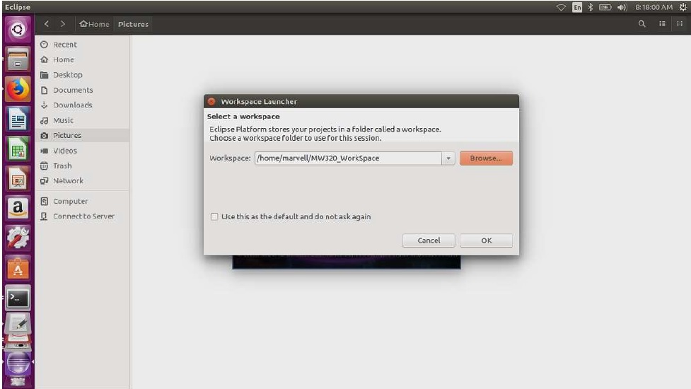 Workspace Launcher dialog with workspace path field, Browse button, and checkbox option.