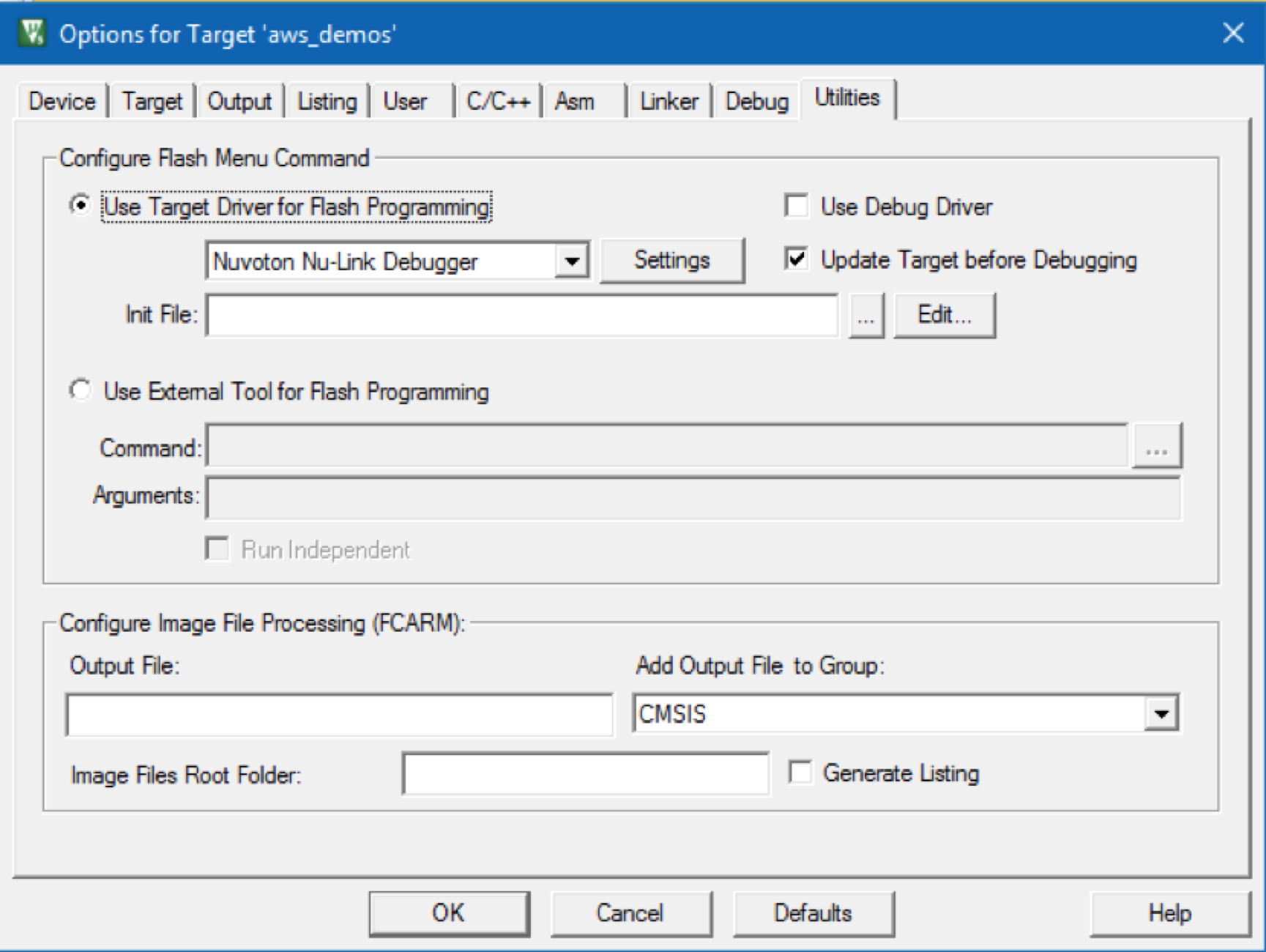 Utilities tab showing Use Target Driver for Flash Programming selected with Nuvoton Nu-Link Debugger.