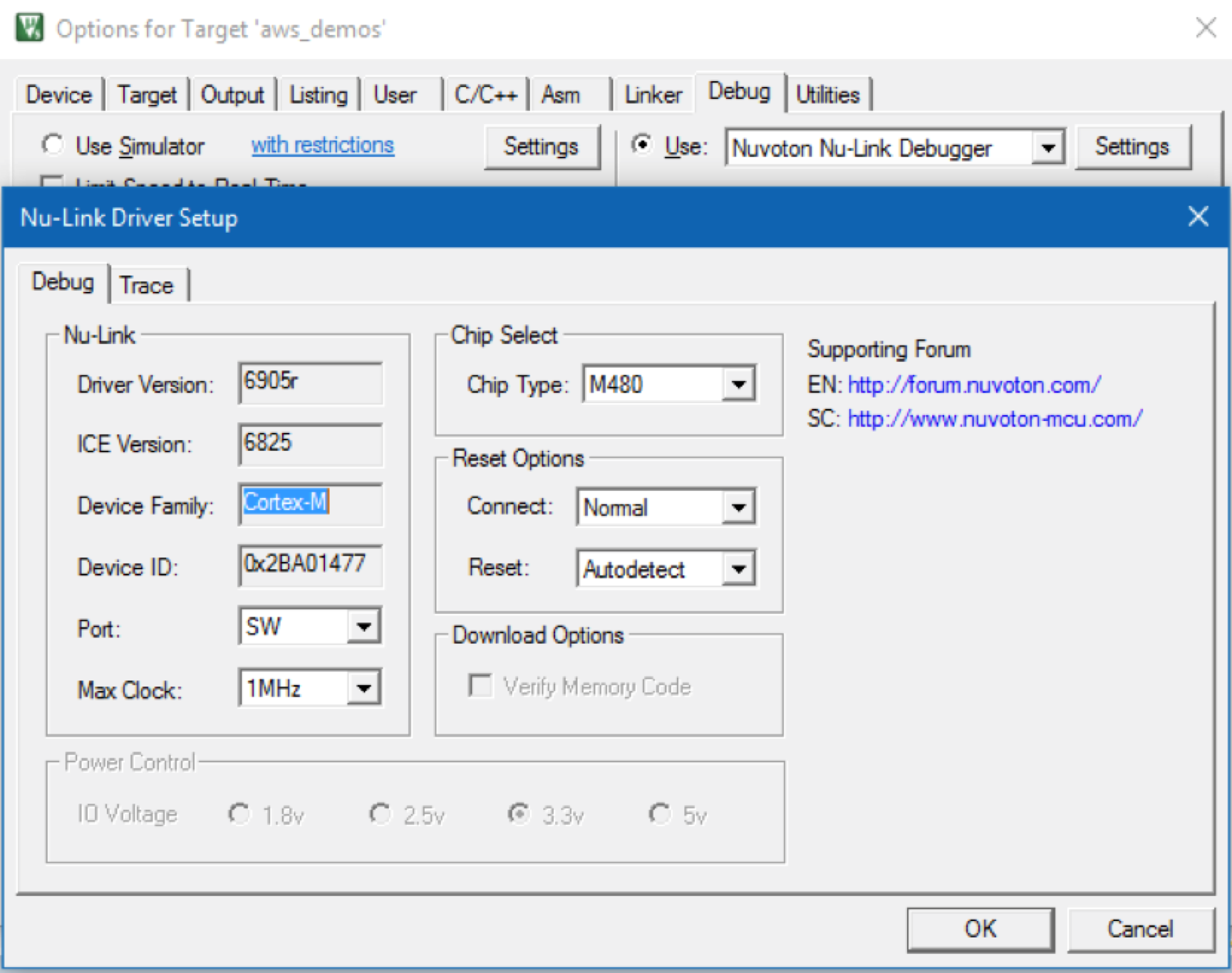 Nu-Link Driver Setup dialog showing chip configuration and debug settings.