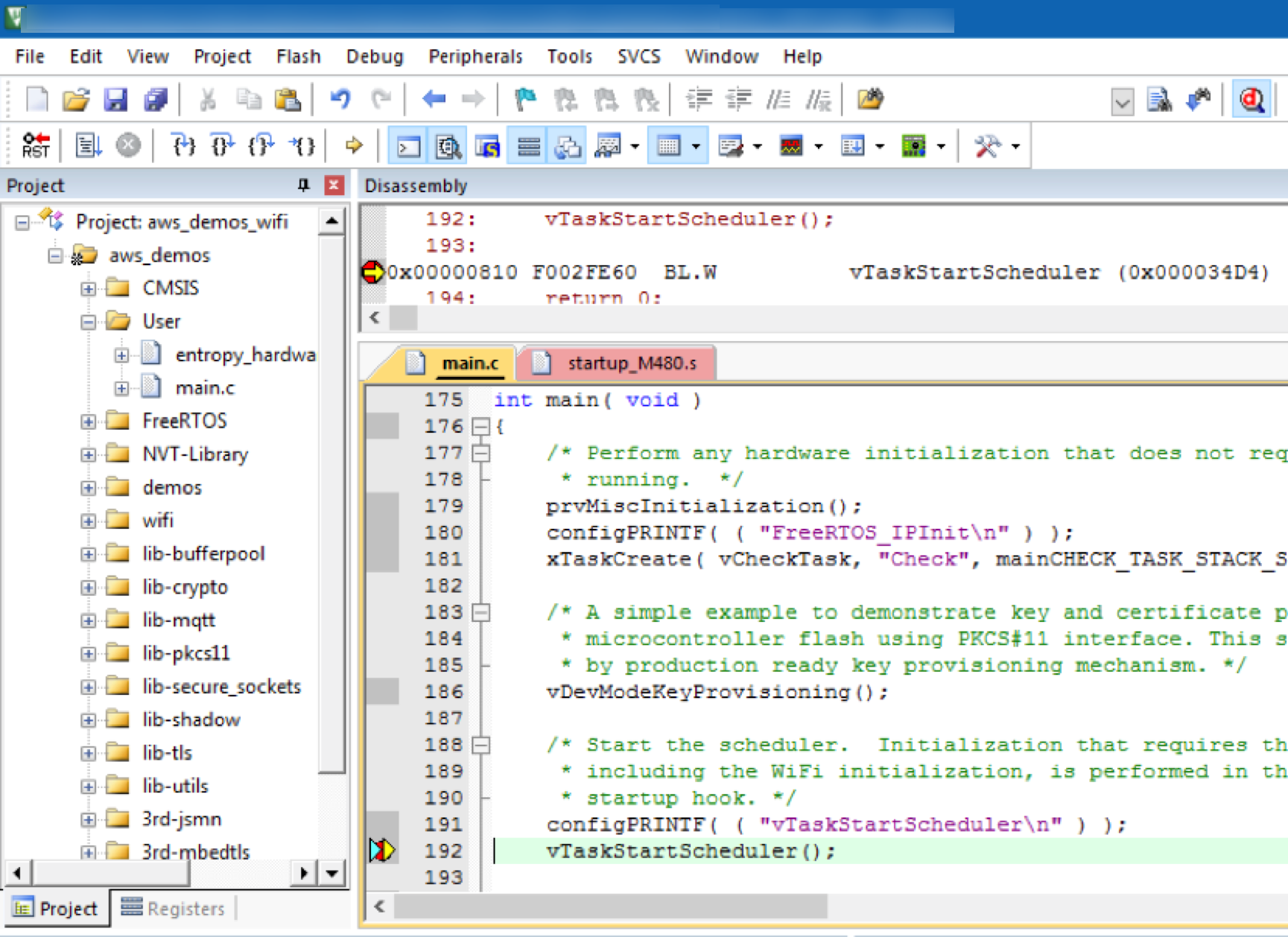 µVision IDE showing main.c file with breakpoint set at line 192 calling vTaskStartScheduler.