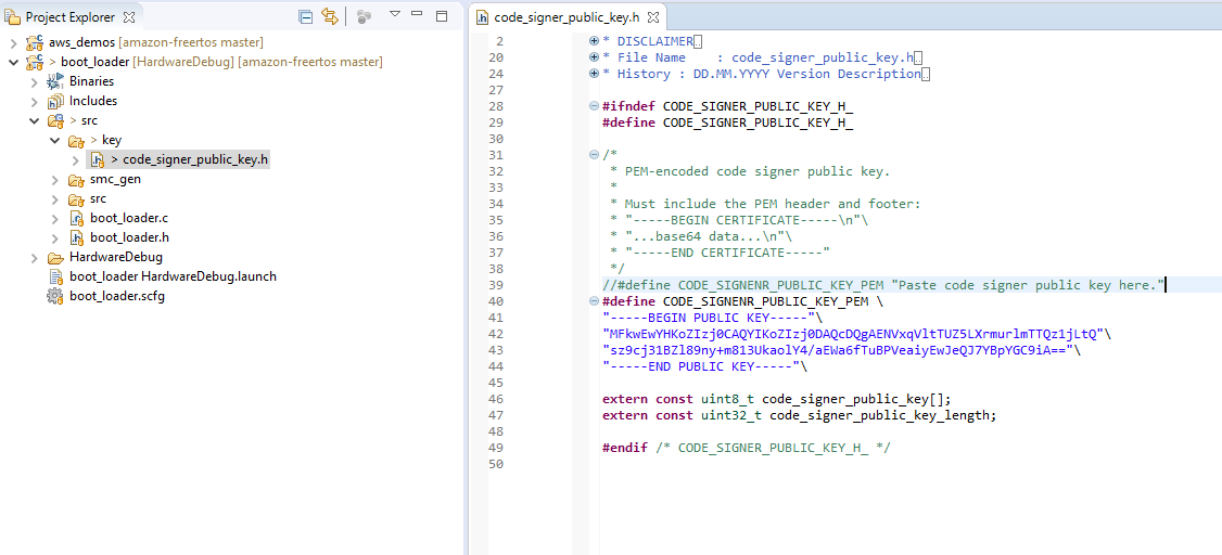 Project Explorer showing code_signer_public_key.h file with PEM-encoded public key code.