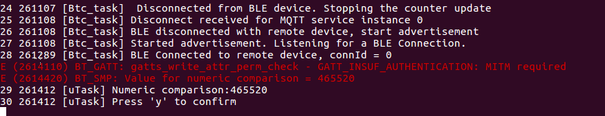 Console output showing BLE device connection status and numeric comparison code 465520.