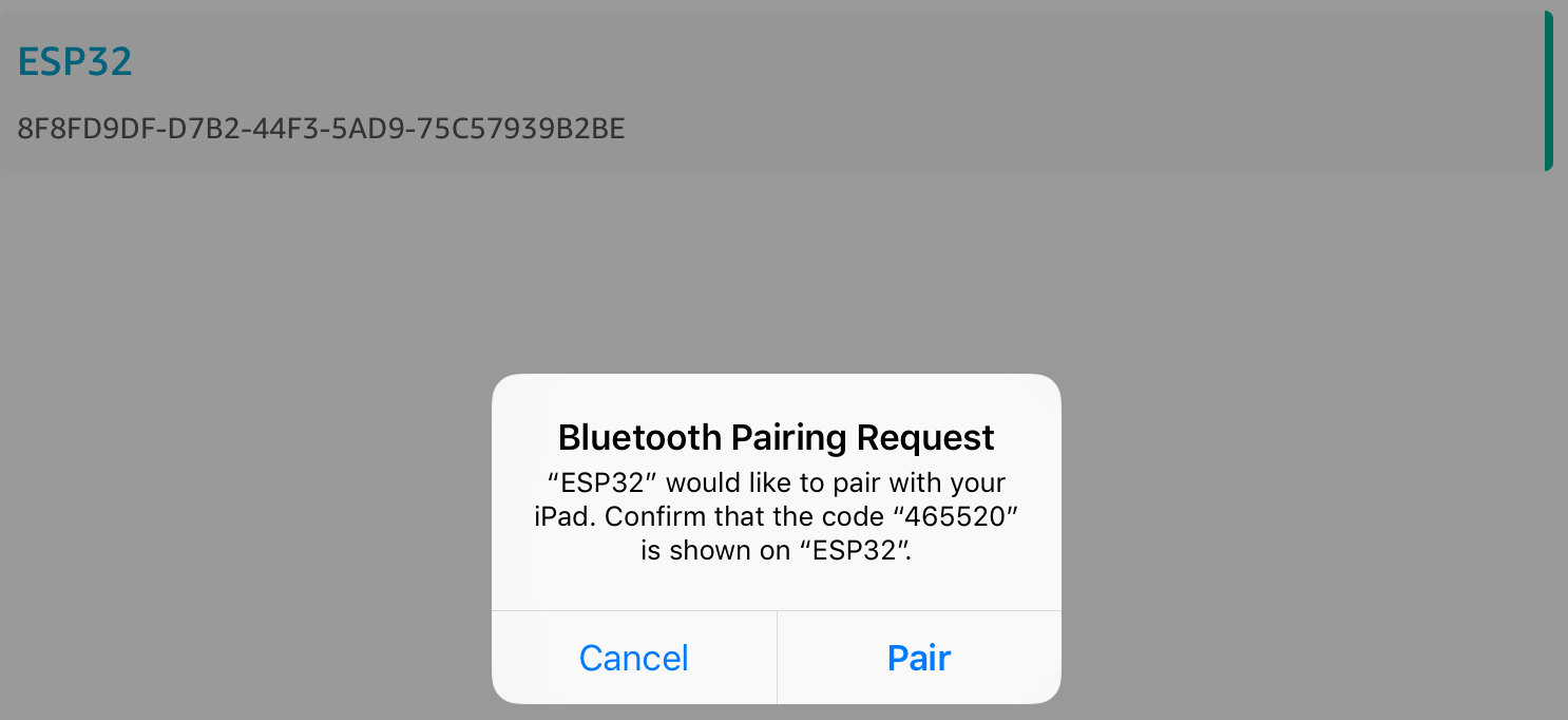 Bluetooth Pairing Request dialog showing ESP32 device requesting to pair with code 465520.