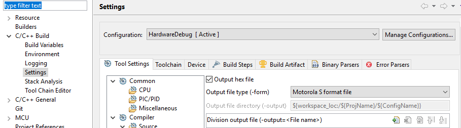 Tool Settings tab showing Output hex file selected with Motorola S format file as output type.
