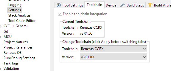 Tool Settings dialog showing Current Toolchain set to Renesas CCRX version v3.01.00.