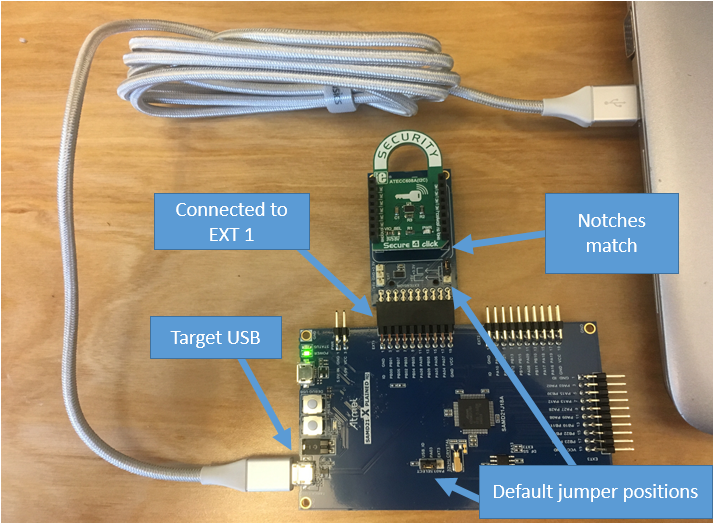 Development board with USB cable, showing Target USB port, EXT 1 connection, matching notches, and default jumper positions.