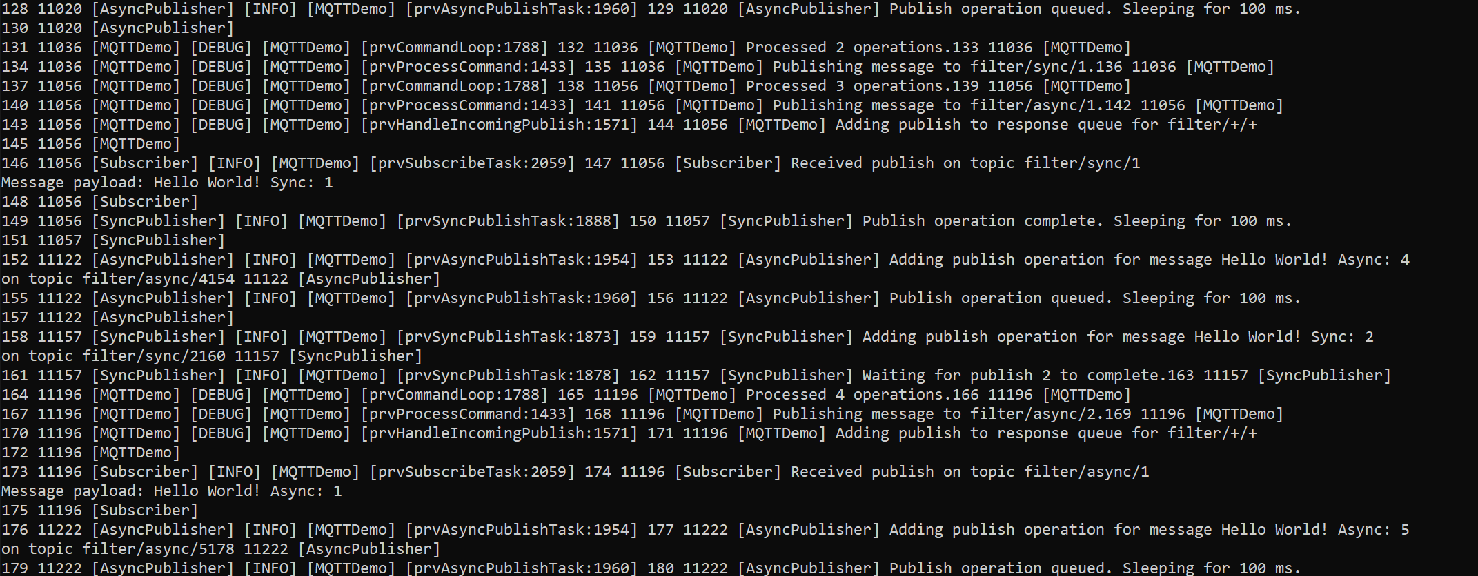 MQTT connection sharing demo terminal output on successful completion