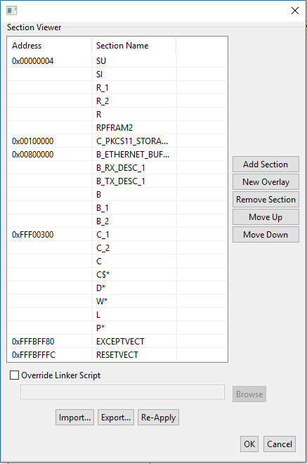 Section Viewer dialog box showing memory addresses and section names with action buttons.