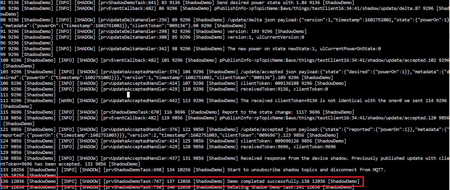 shadow demo terminal output