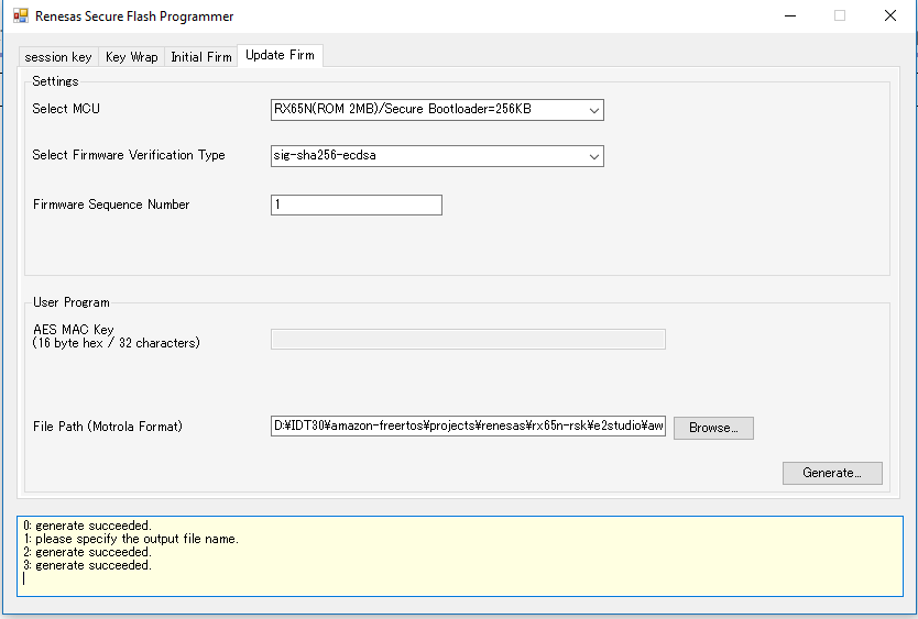 Renesas Secure Flash Programmer showing successful generation messages in the output panel.