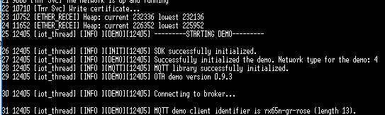 Terminal output showing MQTT demo successfully initialized with OTA demo version 0.9.3.