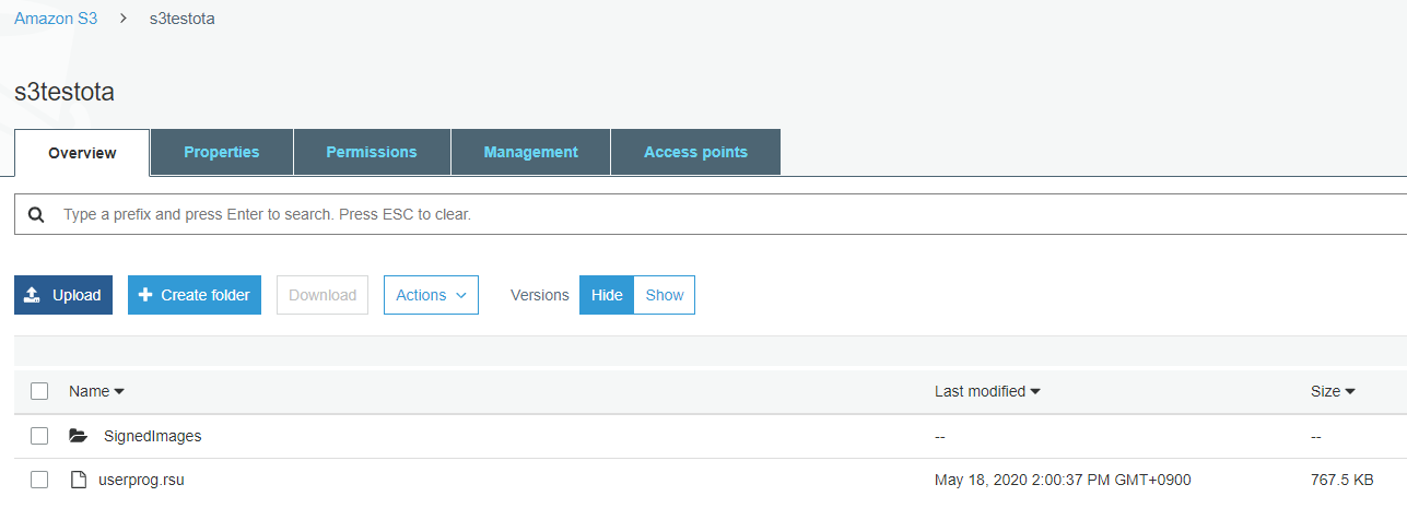 S3 bucket interface showing userprog.rsu file uploaded on May 18, 2020 with size 767.5 KB.