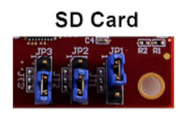 SD Card circuit board with three blue jumpers labeled JP2, JP1, and a third jumper position.