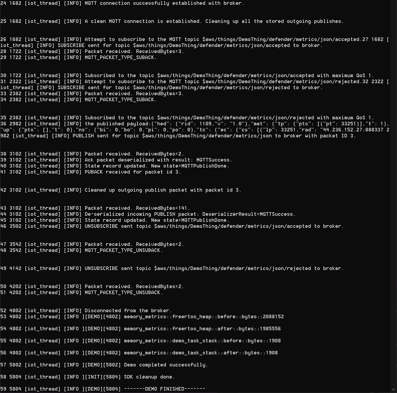 Console log output showing MQTT connection, publishing, and memory usage events for the DemoThing application.