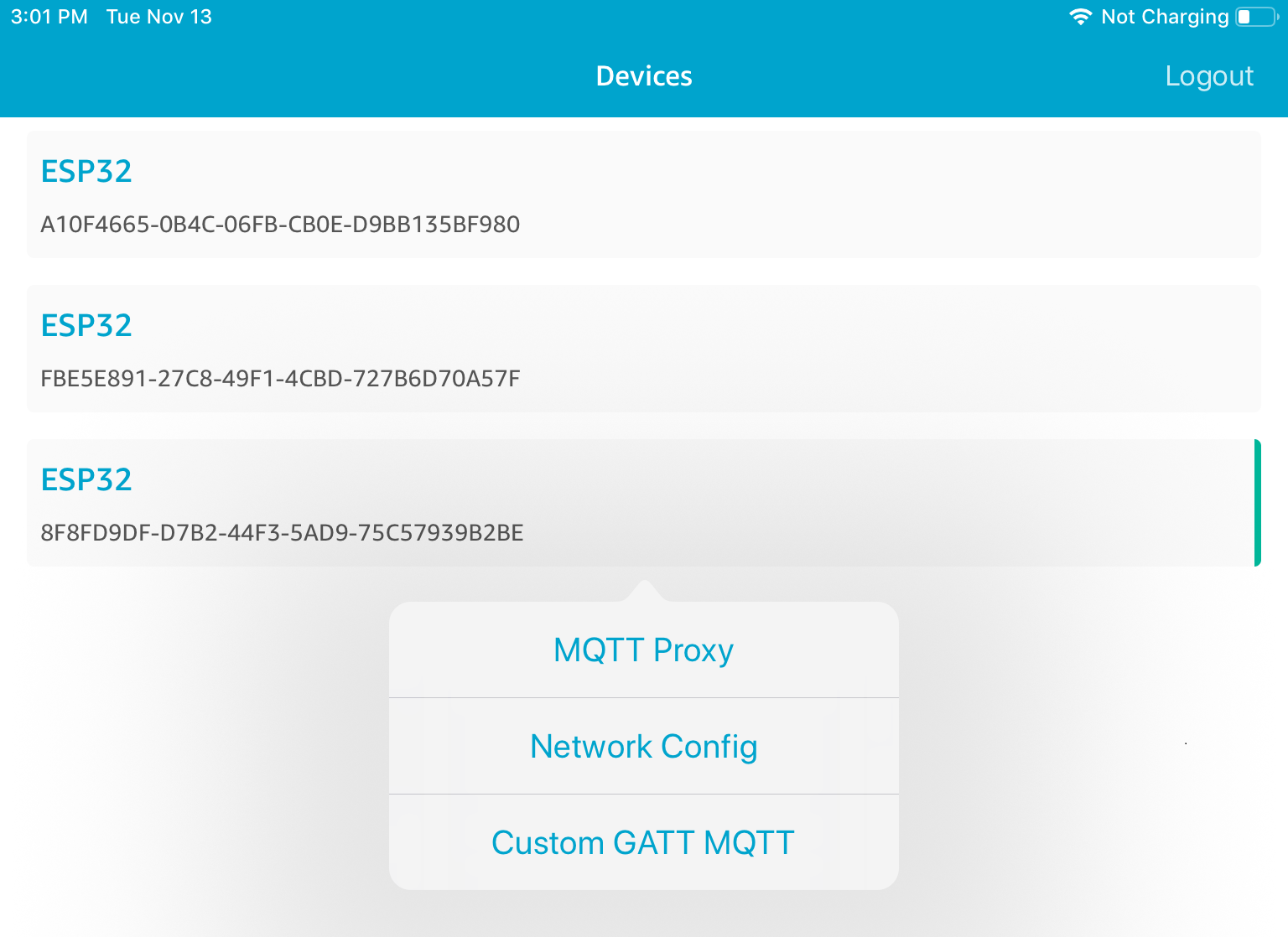 List of three ESP32 device IDs, with MQTT Proxy, Network Config, and Custom GATT MQTT options below.
