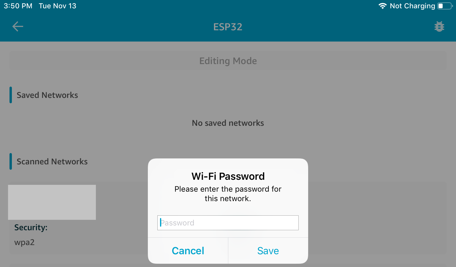 Wi-Fi network password entry dialog box with empty password field, Cancel and Save buttons.