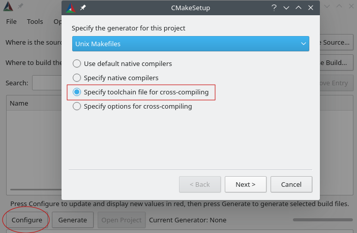 CMakeSetup dialog with options to specify the generator for the project as Unix Makefiles, and specify toolchain file for cross-compiling.