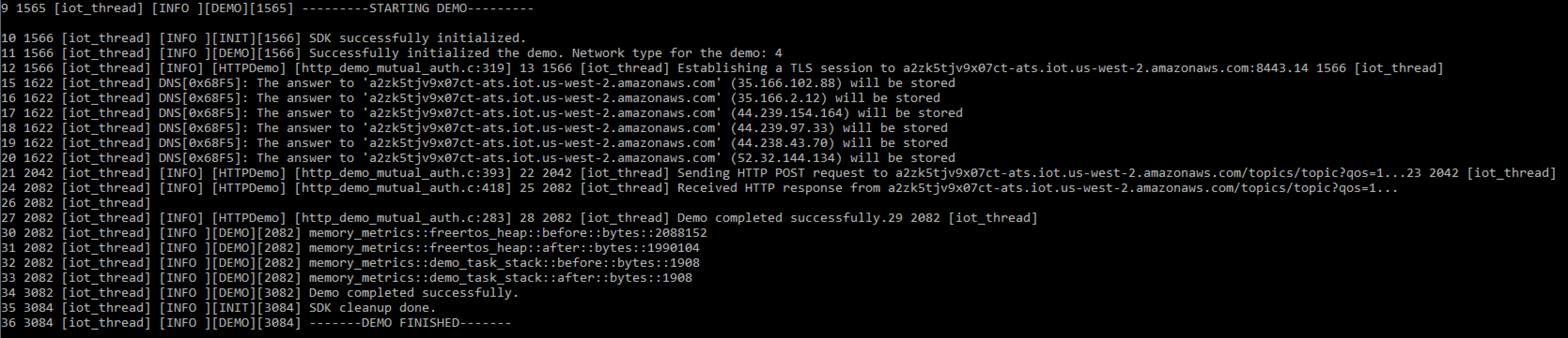 Log output showing Amazon IoT demo initialization, TLS session establishment, HTTP POST requests, and memory metrics indicating successful demo completion.