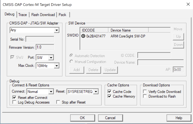 CMSIS-DAP Cortex-M Target Driver Setup dialog with serial number, firmware version, adapter type, SW device options, and config settings.