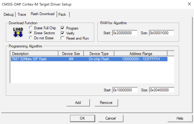 Cortex-M Target Driver Setup window with options for Download Function, RAM for Algorithm, Programming Algorithm description and device details.