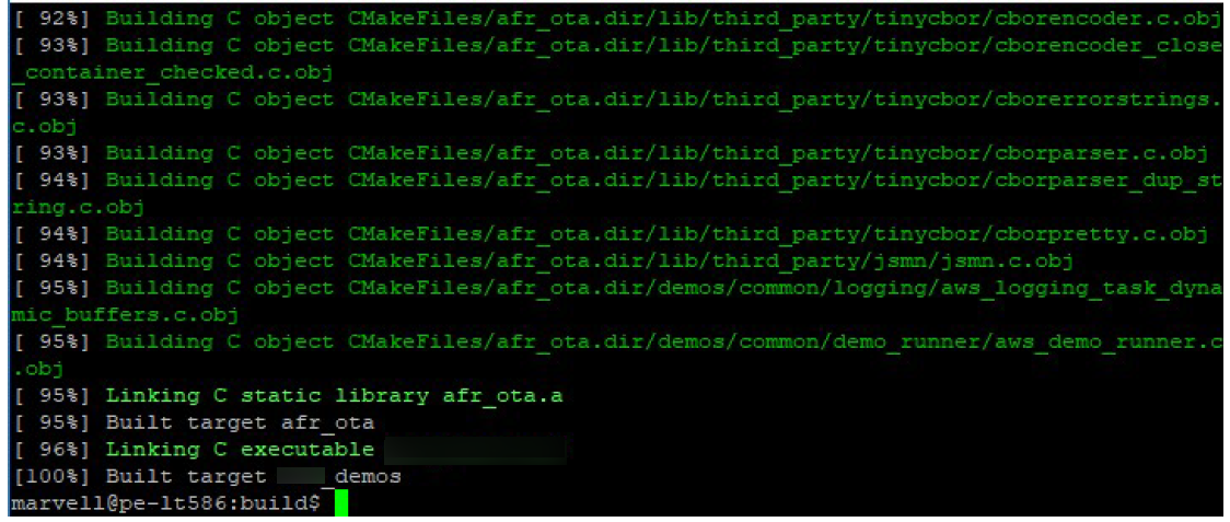 Terminal output showing the build process of C object files and linking into a static library and executable for Amazon demos.