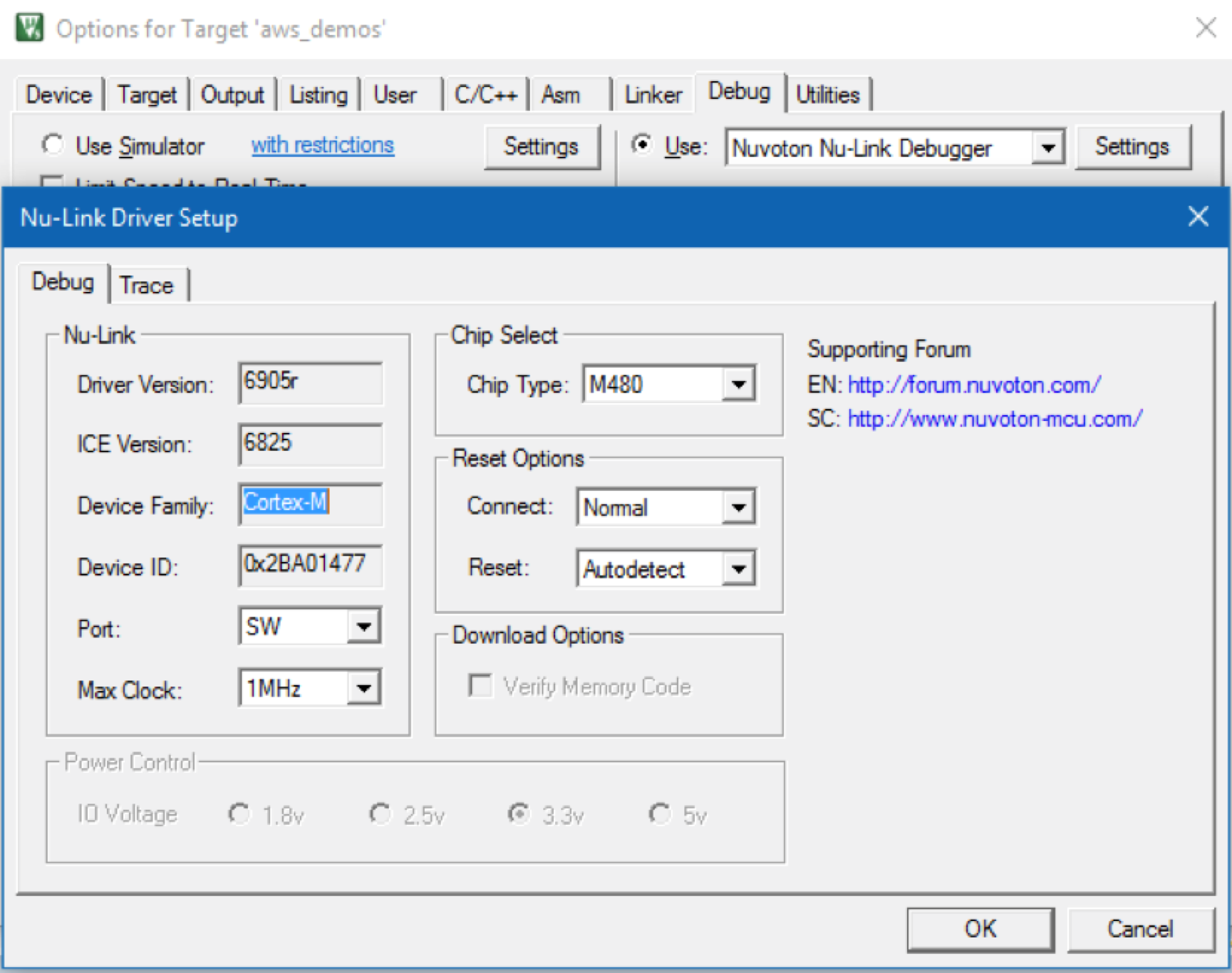 Nu-Link Debugger settings dialog with options for driver version, ICE version, device family, device ID, port, max clock, chip type, connection mode, reset option, and power control voltages.