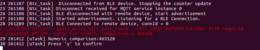 Console output showing BLE device disconnection, MQTT service disconnection, advertisement start, BLE connection to remote device, and a prompt for numeric comparison.