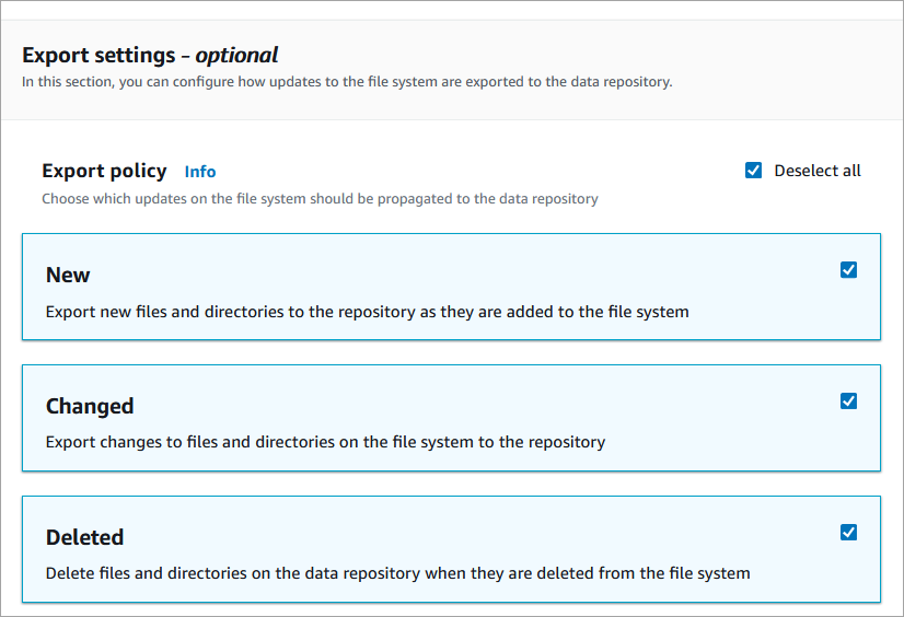 
                  The Export Settings configuration dialog, which you use to set the export
                    policy for automatic export.
                