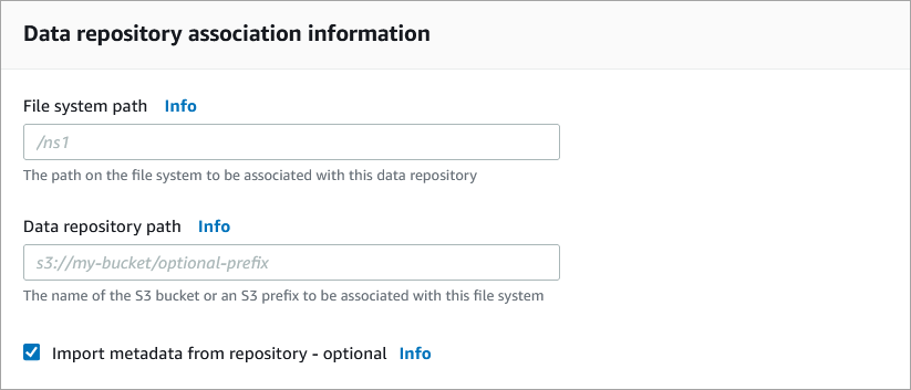 
                  The Data Repository Associations configuration dialog, which is one of the
                    dialogs to configure export and import links for an S3 data repository.
                