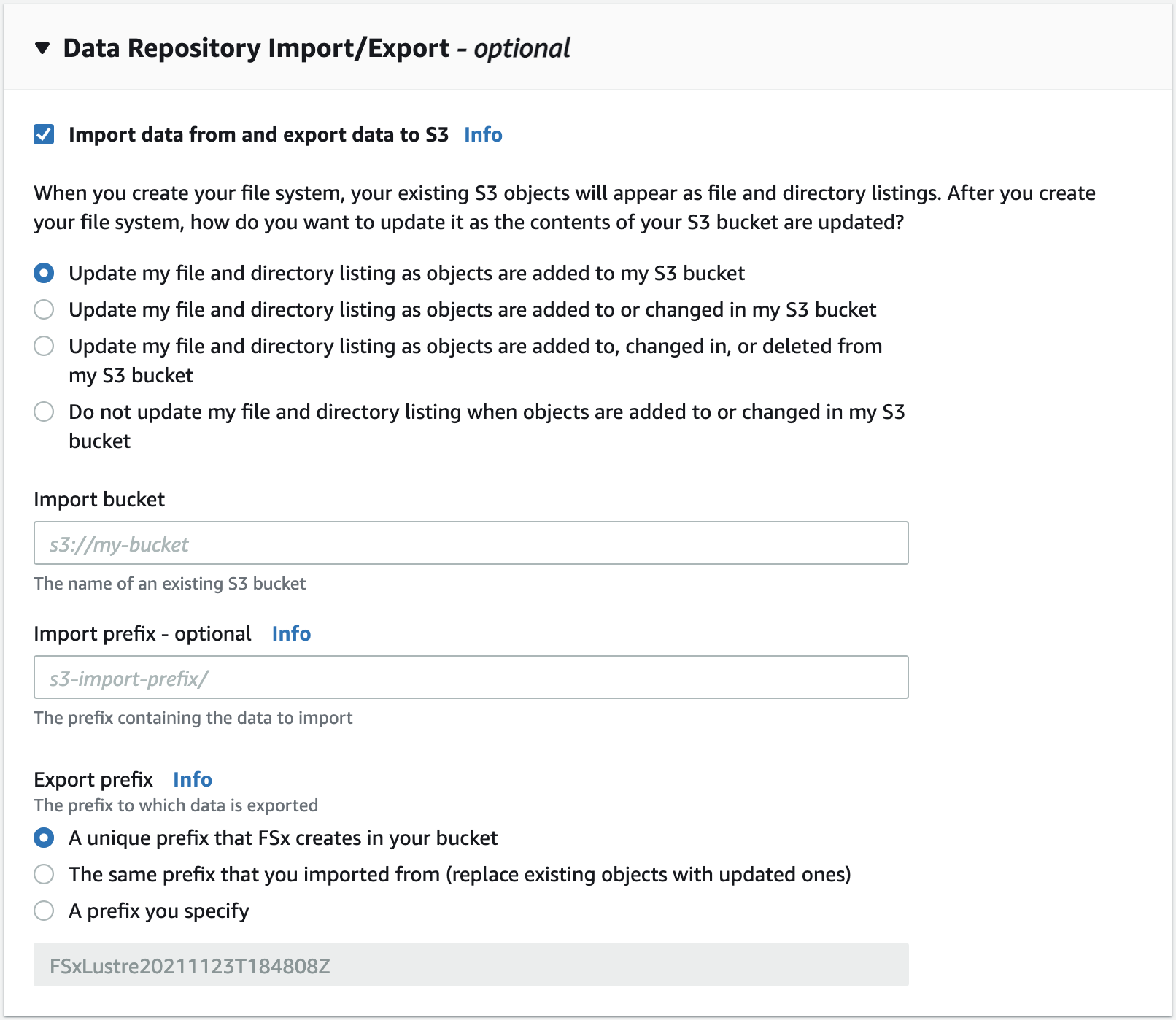 The Data repository import and export panel for configuring a linked data repository in Amazon S3.